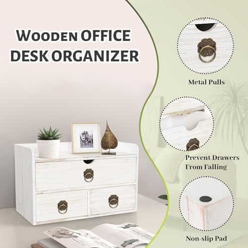 Wood Desk Organizer with Drawer, White Wooden Desktop Organizer, Tabletop Storage Organization Box for Countertop, Home Office Supplies, 13.5x6.6x8.2 Inch(3 Drawer and Shelf)