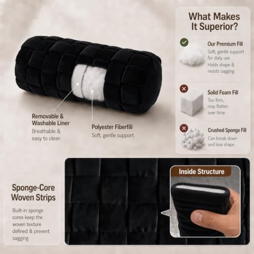 Soft Cylinder Lumbar Pillow, 15.7 x 5.9 Inch Hand-Woven Velvet Neck Roll Pillow, Polyester Fiber Filled for Neck Back Leg Relaxation, Decorative Throw for Couch Sofa Bed Office (Black)