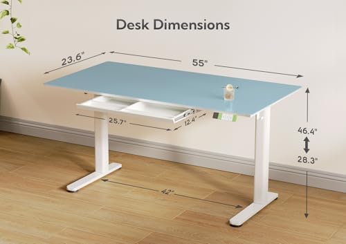INNOVAR Glass Standing Desk with Drawers 55×24 Inch Morandi Blue