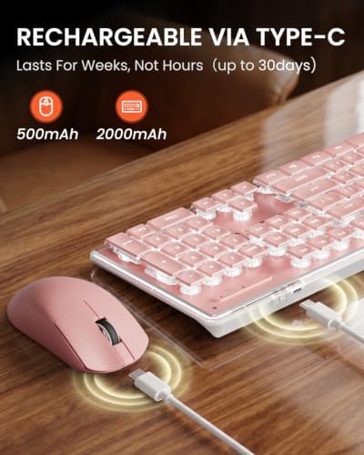 Wireless Keyboard and Mouse Combo, White Backlit, Rechargeable - Pink