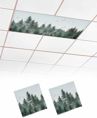 Pine Tree Forest Magnetic Fluorescent Light Covers for Ceiling Lights 2 x 4 Feet, Green Landscape Nature Decor Office Classroom Kitchen Drop Ceiling Light Covers Lighting Filters Shade Panel 2 Packs