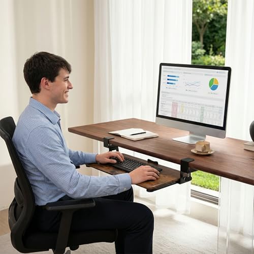 Under‑Desk Clamp Keyboard Tray, 26.77" Slide‑Out Tray,Mahogany