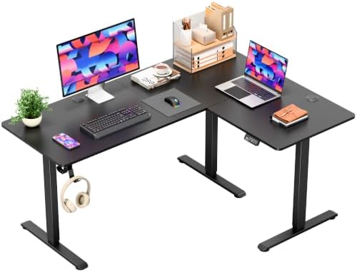 Furmax 63 x 48 Inch L Shaped Standing Desk with 2 Preset Heights, Electric Height Adjustable Computer Table, 2 Hooks & Feet Balance, Corner Sit Stand Desk for Home Office (Black, 63 x 48 Inch)