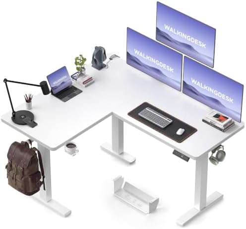 WALKINGDESK 55X45 Inches Reversible L Shaped Standing Desk Height Adjustable with Cup Holder, Electric Corner Computer Desk, Sit Stand up Home Office Desk, Ergonomic Gaming Desk, White