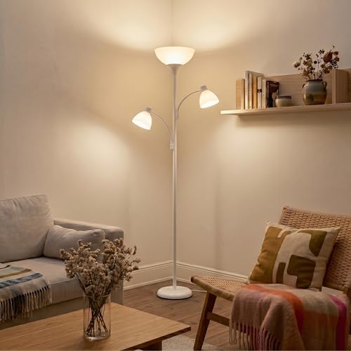 Brightech Sky Dome Double – High Brightness Torchiere Floor Lamp with 2 Reading Lights for Living Rooms, Bedrooms – Replace Halogen Standing Lamps with Efficient LED Office Lighting - Tall White Pole
