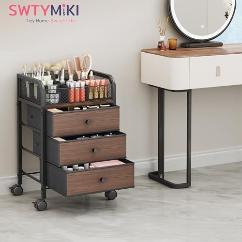 SWTYMIKI Rolling Makeup Organizer Cart - 14.96″*11.81″*23.03″ Widened Under Desk Vanity Storage with 3 Non-woven Drawers, Cosmetic Display Cases for Skin Care Perfume Nail Polish Brush Hair Tool Black
