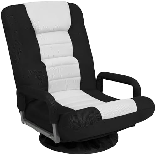 Best Choice Products Swivel Gaming Chair 360 Degree Multipurpose Floor Chair Rocker for TV, Reading, Playing Video Games w/Lumbar Support, Armrest Handles, Adjustable Foldable Backrest - Black/White