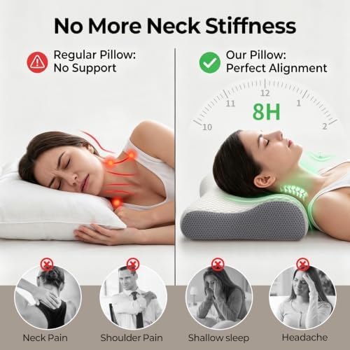 Cervical Neck Pillow for Pain Relief, Contour Memory Foam Pillows for Sleeping, Ergonomic Pillow Orthopedic Cooling Pillow Bed Pillow Neck Support for Side Back Stomach Sleepers (Off White&Gray)