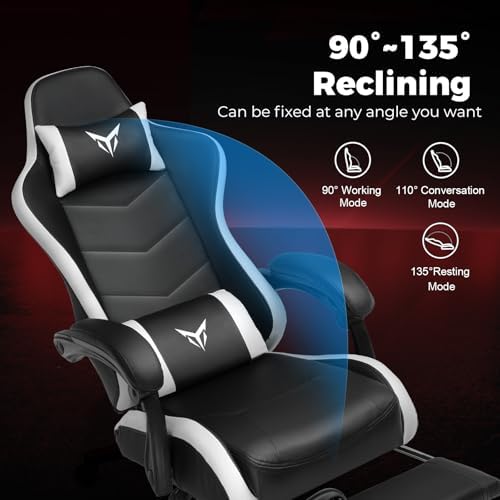GTPLAYER Gaming Chair with Footrest, Video Game Chairs Racing Style PC Game Chairs 350lbs for Adults - Padded High Back Ergonomic Reclining Silla Gamer, Linkage Armrest,White