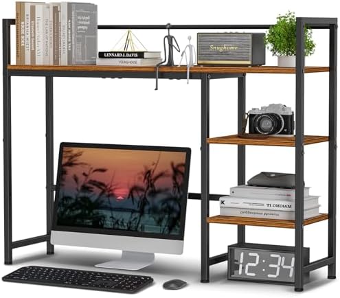 Snughome Desk Shelf, 38.6" Desktop Organizer Shelf, Desk Hutch for Computer Monitor, 4 Tier Desk Display Rack, Wood Desktop Bookshelf Storage Rack for Home Office Dorm, Rustic Brown