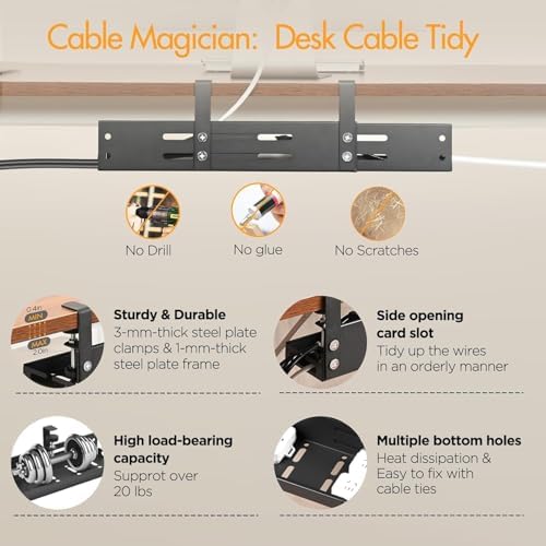 No Drill Under Desk Cable Management Tray, 17”-30” Retractable Cord Organizer for Table, Clamp Mount Wire Basket, Power Strip Holder & Metal Cord Organizer for Office, Home，Black
