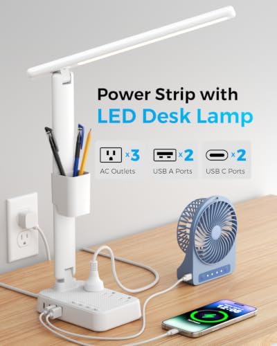 LED Desk Lamp with Power Strip, 3 AC Outlets, 4 USB Ports, Stepless Dimming