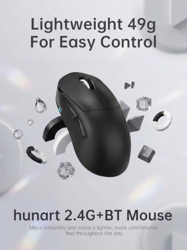 hunart H6 49g Wireless Mouse, Bluetooth & 2.4GHz, USB-C Charging, Black