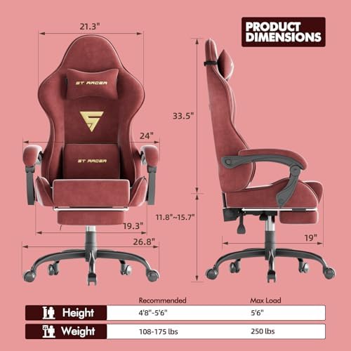 Soontrans Red Velvet Gaming Chair with Footrest, Ergonomic Reclining Computer Desk Chair, Massage Lumbar Cushion & Headrest, Comfortable Video Game Chair for Adults