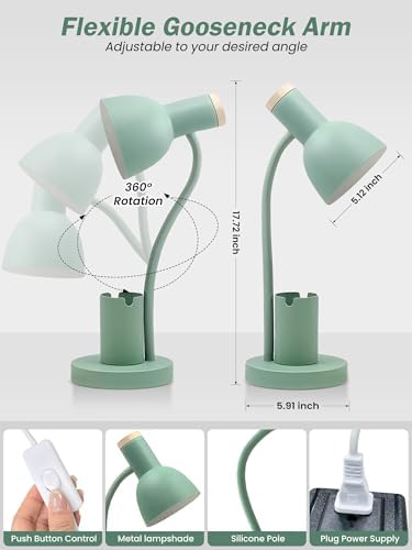 LED Desk Lamp for Home Office, Table Lamp with Pen Holder, 3 Color Modes Reading Light, Eye-Caring Desk Light with Gooseneck, Metal Study Lamp for Dorm Bedside Bedroom (Green Lamp)