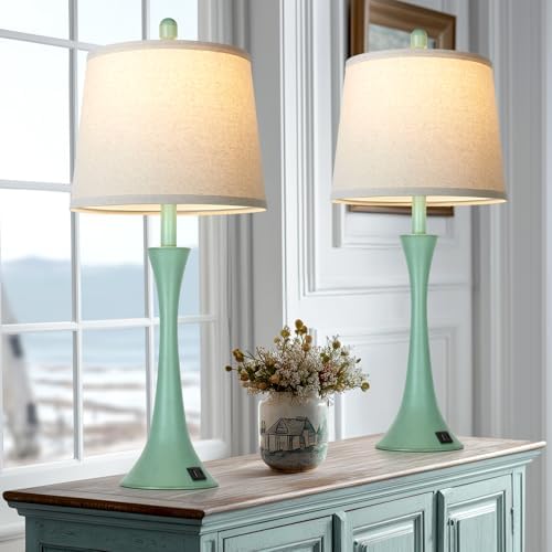 Rinweey Coastal Modern Green Table Lamps Set of 2 for Living Room, 27.5" Tall Bedside Lamp with USB Charging Port,3-Way Dimmable Touch Nightstand Lamp for Bedroom Desk Side Table Office,Green