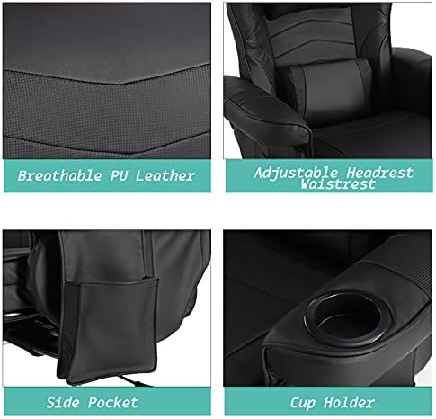LVUYOYO Reclining Gaming Chair, Gaming Chair with Footrest and Massage, High Back PU Leather Gaming Recliner w/Adjustable Height, Swivel Game Chair with Lumbar Support, Cup Holder, Headrest