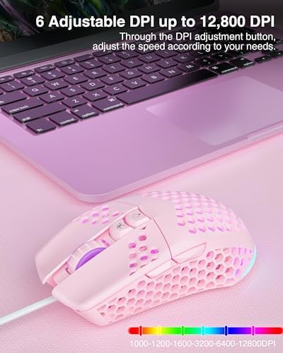 SOLAKAKA SM900 Wired Gaming Mouse with Honeycomb Shell,12800 DPI,7 Programmable Buttons,Lightweight Gaming Mice Ergonomic Computer Mouse Gaming for Windows/PC/Mac/Laptop Gamer (Pink)