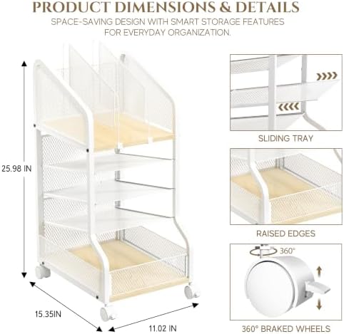 Rolling File Cart Under Desk Storage and Organizers 5-Tier White