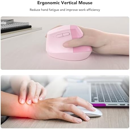KYSONA EM18 Wireless Ergonomic Vertical Mouse, Ergo Design, Bluetooth Cordless Mouse for Medium/Large Hands, Silent Click, 5-Level Adjustable DPI, Carpal Tunnel Mice for Computer/PC/Mac/Laptop, Pink