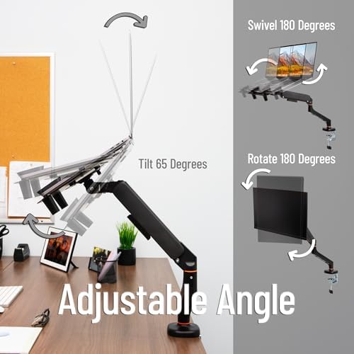 Mind Reader Gas Spring Laptop Desk Mount, Fits 11.6–17.3" Laptops or Monitors, 180° Rotate, 13.2 lb Capacity, Single Arm with Integrated Cable Management, Adjustable Tilt/Swivel, Black