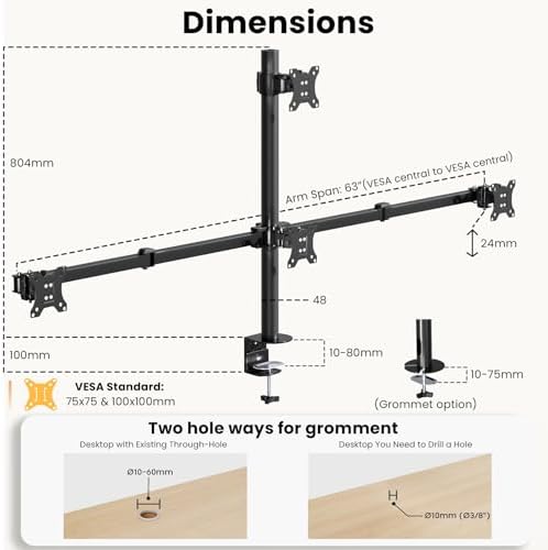 Quad Monitor Mount for 17-32 Inches - Fully Adjustable Heavy Duty 4 Monitor Arm Desk Mount, Max Load 22lbs per Screen, Clamp/Grommet, VESA 75/100 mm, Black