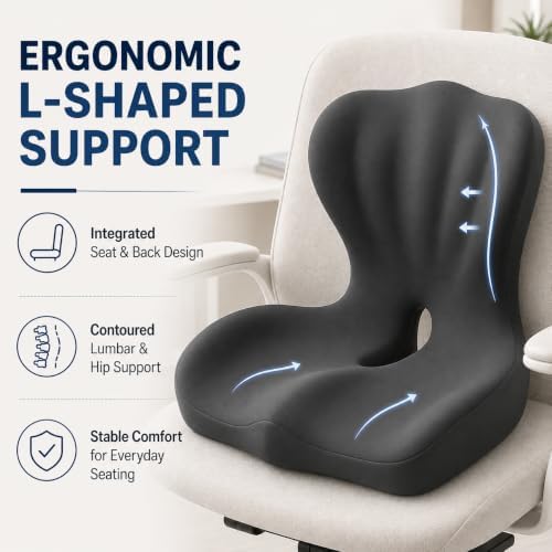Ergonomic Memory Foam Seat Cushion, L Shaped Lumbar Support Pillow with Tailbone Relief, Orthopedic Chair Pad for Office, Car, Gaming Chair, Travel (Comfort Black)