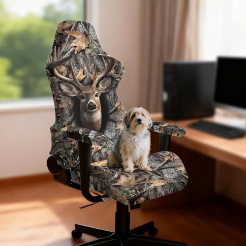 Camo Game Chair Cover Deer Hunting Non Slip Gaming Chair Covers Slipcovers 4Pcs with Armrest Cover Dustproof Washable Gamer Protector