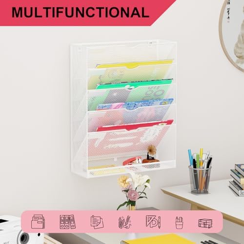 Hanging Wall File Organizer 6 Tier Wall Mounted File Holder Document Wall Organizer Magazine Organization for Office Home, White