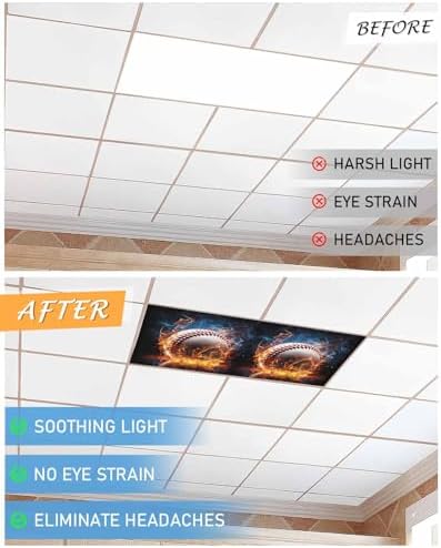 Baseball Magnetic Fluorescent Light Covers for Ceiling Lights 2 x 4 Feet,Sports Theme Gradient Orange Blue Black Office Classroom Kitchen Drop Ceiling Light Covers Lighting Filters Shade Panel 4 Packs