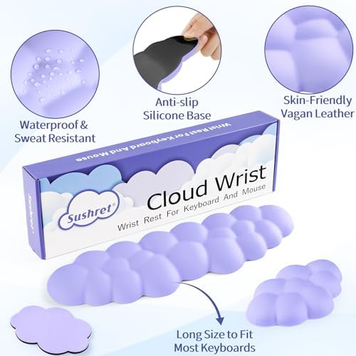 Sushret Cloud Wrist Rest Keyboard, Cloud Keyboard Wrist Pad Set with PU Leather Memory Foam, Cute Arm Rest for Palm Support, PC/Gaming Desk Accessories/Office Setup/Computer Hand Cushion - Purple