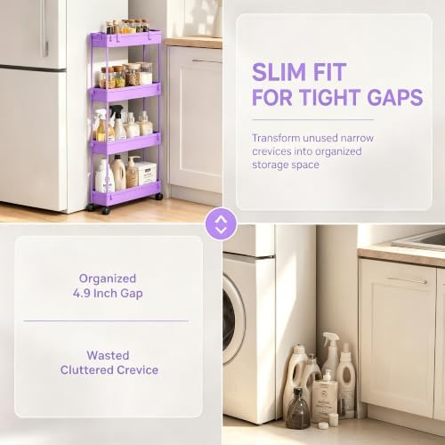 SPACELEAD Slim Storage Cart 3 Tier,Bathroom Organizer Rolling Utility,Mobile Shelving Unit Slide Out for Office, Kitchen, Laundry Room & Narrow Places,Purple