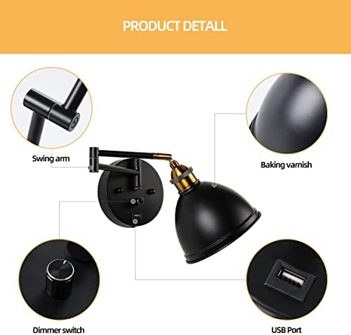 Swing Arm Wall Sconces, Plug-in Wall lamp,Bedroom Wall lamp ， White Fabric Shade，，with dimmable Switch and USB Charging Port, Suitable for Bedside, Living Room, Reading (Metallic Black)