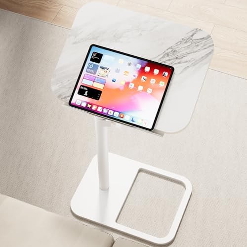 GOYLSER Adjustable Height Sofa C Table, 360° Swivel/180° Flip-Over Panel Side Table with Tablet Slots for Small Spaces, Morden TV Tray Couch Tables for Dinner Eating (White Marble)