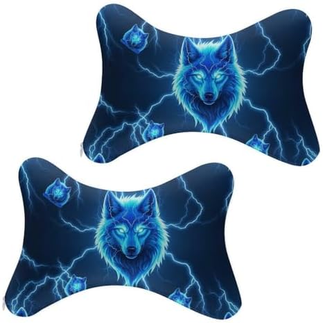 Car Neck Support Pillow Blue Wolf Wild Animals 2 Pcs Adjustable Strap Memory Foam for Car Airplane Home