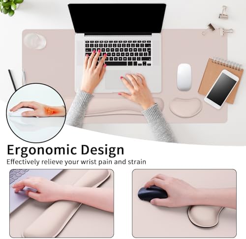 Desk Mat Set， Wrist Rest for Computer Keyboard, 3-in-1 Large Mouse Pad and Keyboard Wrist Rest Set, Non-Slip Desk Mat Protector for Office, Home(27.5×13.8 Inches, CreamPI)