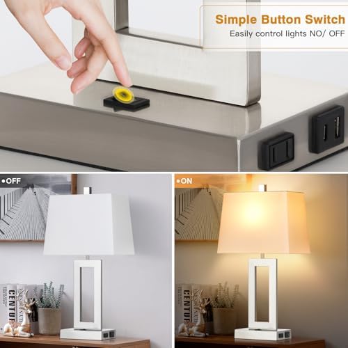 Cinkeda Silver Bedside Table Lamp Set of 2,Nightstand Lamps with USB Ports