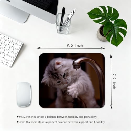 9.5x7.9 Inch Office/Gaming Mouse Pad, Curious Kitten Playing with a Dripping Faucet Lovely Cat Pet Funny Scene, Cute Anti-Slip Mat for Desk Decor