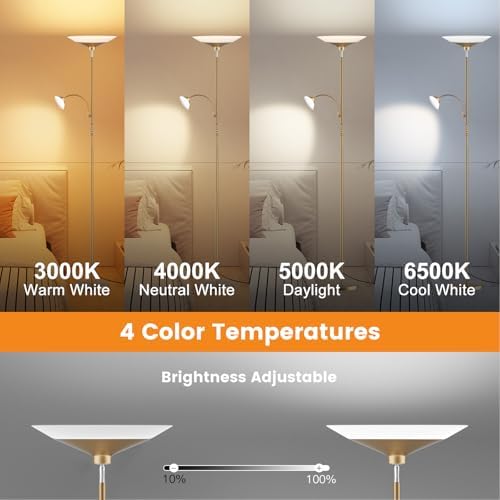SIBRILLE Gold Torchiere Floor Lamp - 2 Way LED Standing Lamp with Reading Light, Dimmable 72'' Tall Lamp with Remote Color Changing, 34W Mordern Uplighter for Living Room Bedroom Office