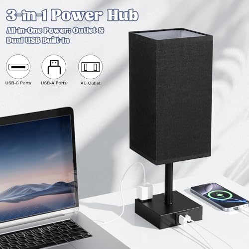 Set of 2 Black Table Lamp for Bedroom - Dimmable Touch, USB C+A, AC Outlet