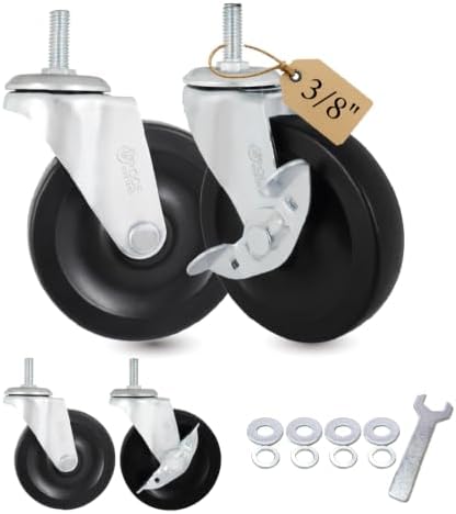 4 Inch Caster Wheels 3/8 Threaded Stem Caster Wheels, Heavy Duty Rubber Industrial Swivel Wheels for Workbenches, Carts, Shelving (4 Pack, 2 with Brake)