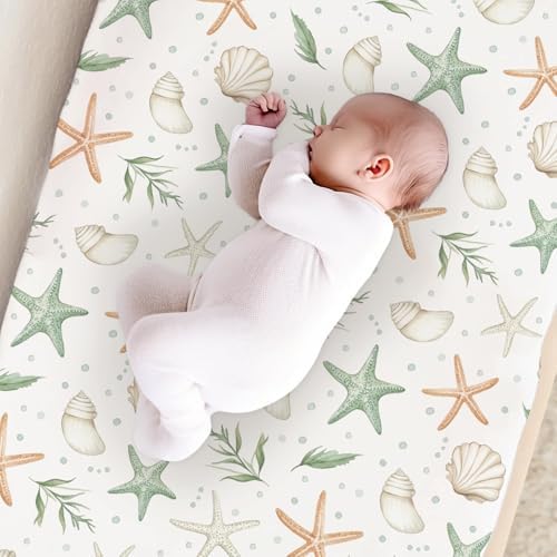 Watercolor Sea Animals Starfish Seashells Leaves Pattern Baby Changing Pad Cover, Unisex Ocean Nursery Diaper Changing Table Pad Mat Sheet for Boys Girls-16x32