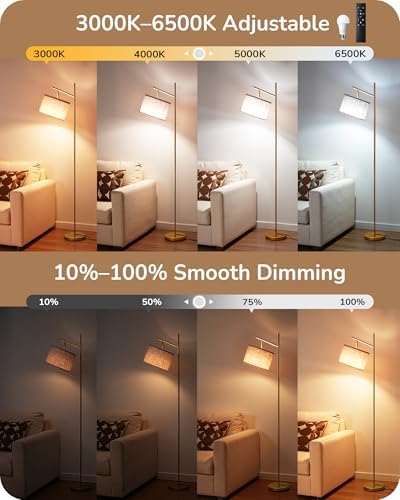 EDISHINE 64.7IN Gold Floor Lamp for Living Room with Remote, Standing Lamp