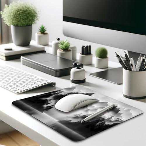 Misty Pine Forest Foggy Mountain Mouse Pad, Black and White Desk Mat