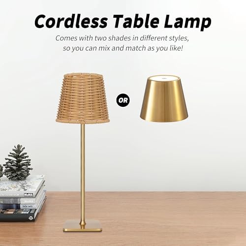 Mr. White Outdoor Waterproof Cordless Set of 2 Rechargeable Portable Top Touch Battery Operated Powered LED Table Lamp Desk Lamp Lights for Restaurant Kitchen Patio Dinner Dining (Gold 2 Pack)