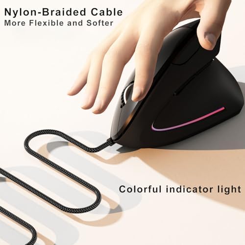 ROCK&ROWN Wired Ergonomic Mouse,Vertical Mouse with Nylon-Braided Cable,6 Buttons,6400 Adjustable DPI,Silent Mouse for PC,Mac,Laptop - Black