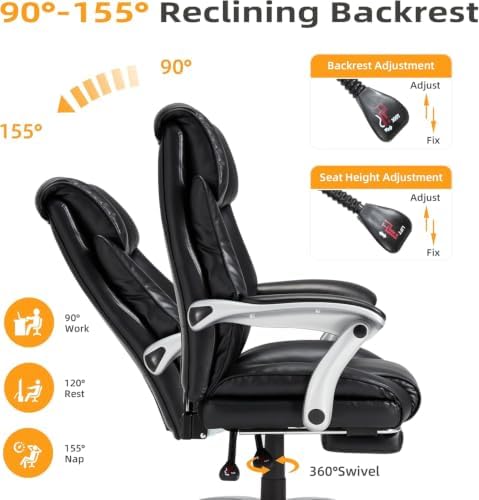 HOMREST Big and Tall Office Chair, 550LBS Heavy Duty Office Chair for Heavy People, Leather Executive Chair with 155° Recline Backrest, Large Back Pocket & Footrest Black