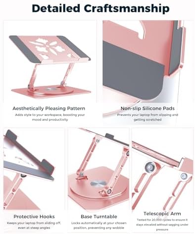 Aoviho 360° Rotating Laptop Stand for Desk | Adjustable, Foldable, Portable Aluminum Ergonomic Riser | Compatible with MacBook, Dell, HP & All Laptops 10-16 inch | Rose Gold