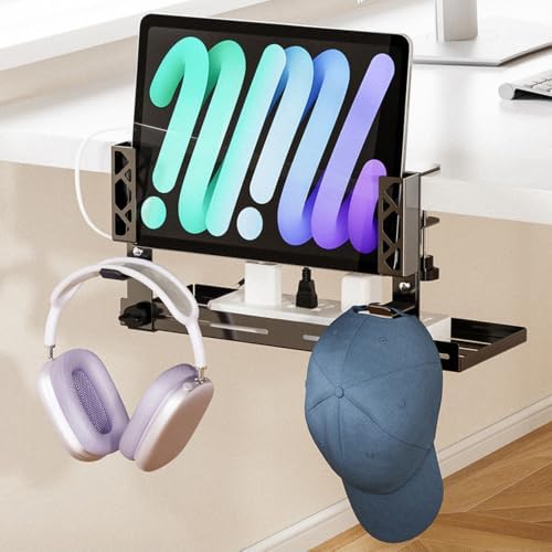 Under Desk Cable Management Tray No Drill, Black Carbon Steel Metal Cord Organizer with Clamp Mount, Huge Load Capacity, with Accessories for Home Office Standing Desk