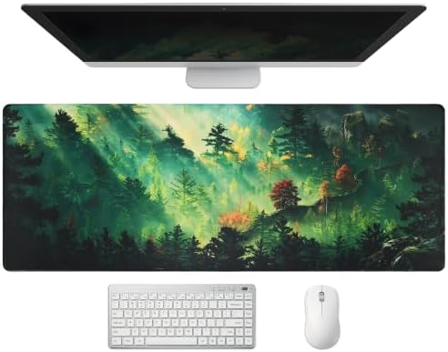 Extended Mystic Forest Desk Mat, XL Large Gaming Mouse Pad, Green Landscape Stitched Edges Waterproof with Non-Slip Rubber Base for Computer Keyboard Laptop Work Home Office 31.5"x11.8"